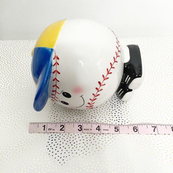 Baseball Ceramic Coin Bank Happy Face Yellow Blue Cap Hat Rubber Stopper - Picture 8 of 8